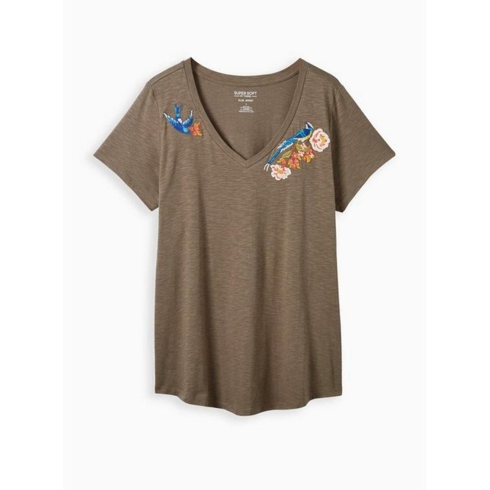Torrid Girlfriend Tee Sparrow Embroidery Dusty Olive Plus 6 6x 30